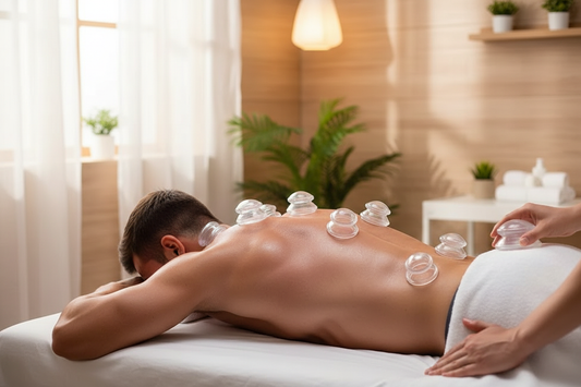 Male receiving professional cupping therapy on back